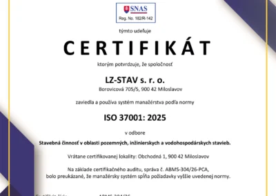 CERTIFIKÁTY: ISO 14001:2015, ISO 37001:2025, ISO 45001:2023 a ISO 9001:2015